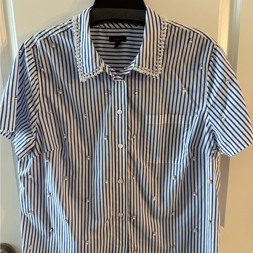 Talbots Striped Button Down with Pearl and crystal Accents